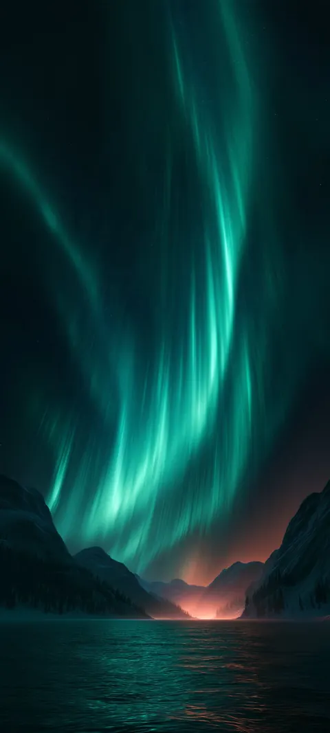 Curtains of green and teal aurora sweep over silhouetted peaks and still water.