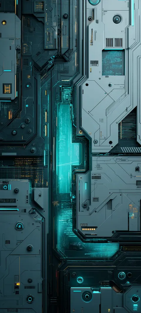 Slate machine panels frame a glowing teal data corridor running down the center.