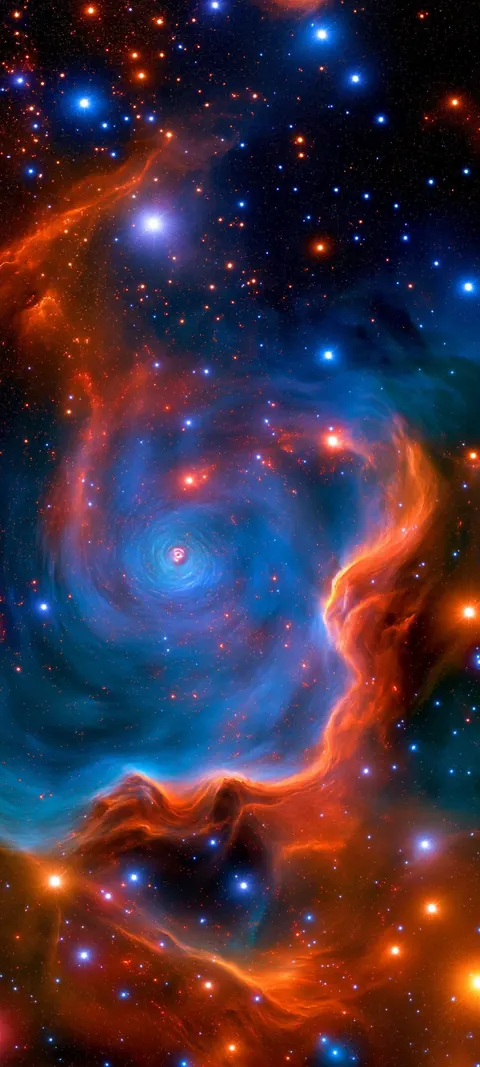 A teal gas core swirls inside thick orange-red nebula clouds.