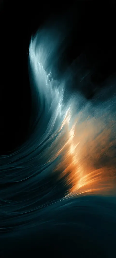 A silky teal-and-gold wave of light streaks upward through black, bright at the crest and soft at the edges.