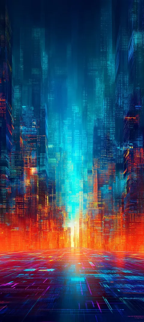 A cyan-lit digital city glitches and fades into an orange glow at the bottom.