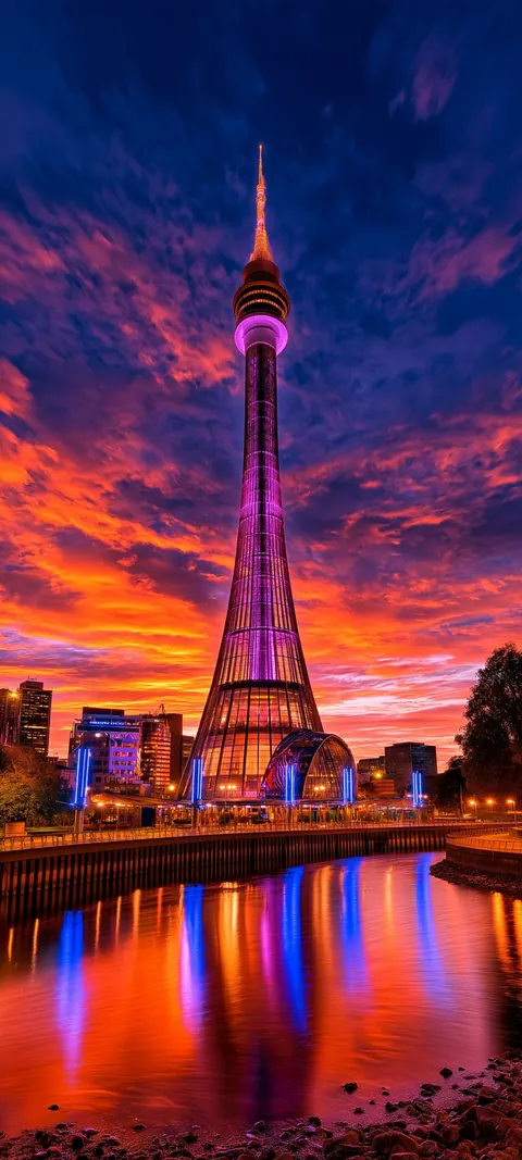 A needle tower stands over a harbor as orange and purple sunset clouds fill the sky.