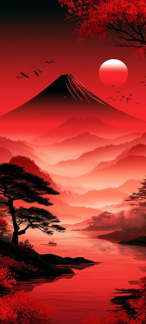 A dark volcanic ridge catches vermilion dawn light, with glowing slopes under a deep morning sky.