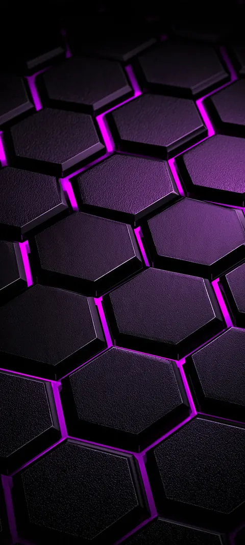 Beveled hex tiles with neon purple seams — textured tech for OLED screens.