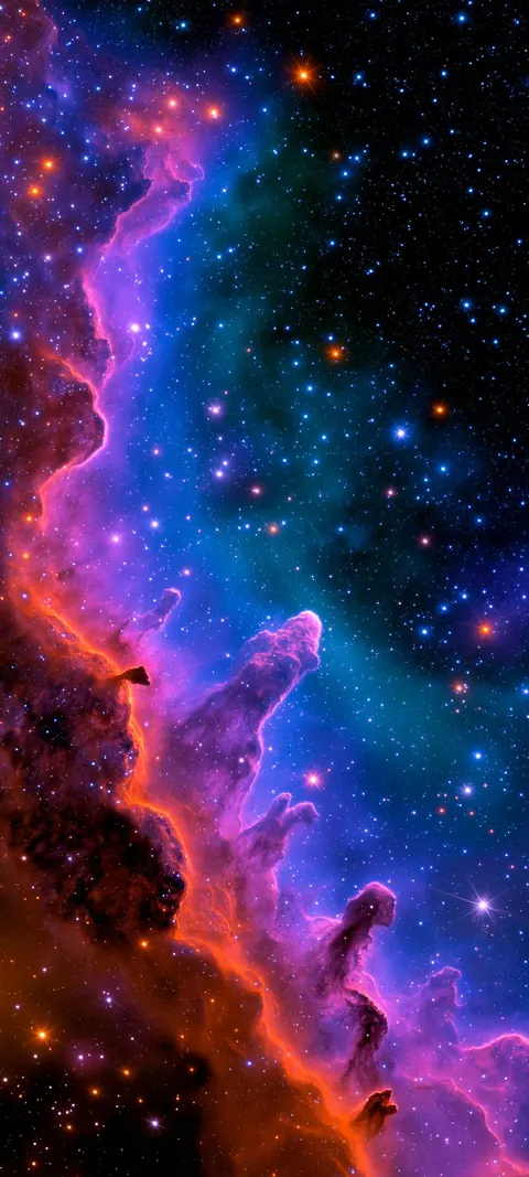 Glowing violet and teal nebula pillars rise through a dense star field.