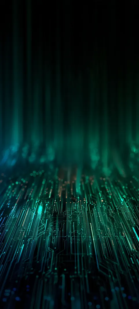 Vertical streaks of teal and green light rise from a bright energetic floor.