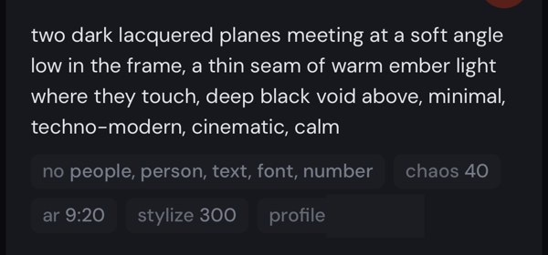 The Midjourney prompt panel with the scene prompt and its settings